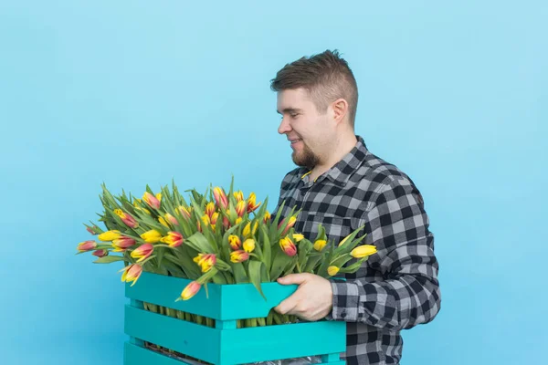 Jardineiro masculino caucasiano com caixa de tulipas rindo em fundo azul — Fotografia de Stock