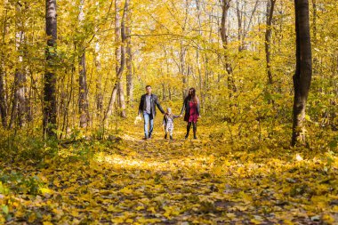 Aile, sonbahar, insanlar kavramı - genç aile içinde sonbahar günü parkta yürürken