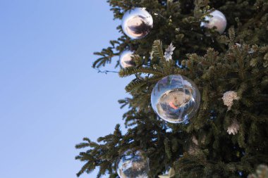 Tatil ve dekorasyon konsepti - açık dallarında topa Noel