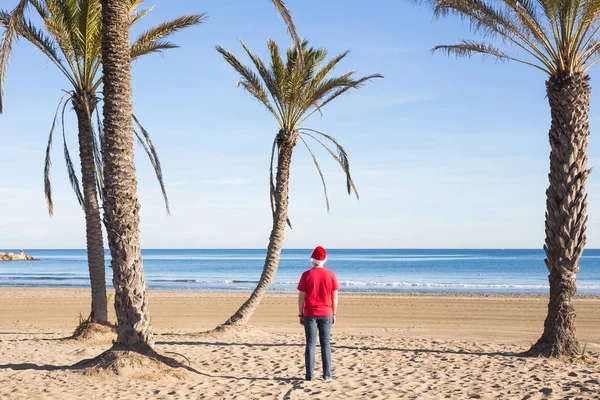 Natale, umorismo, concetto vacanze - Uomo in cappello Babbo Natale sulla spiaggia, vista posteriore — Foto Stock