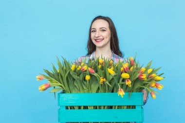 Lale mavi zemin üzerine kutusuyla tutan güzel kadın bahçıvan
