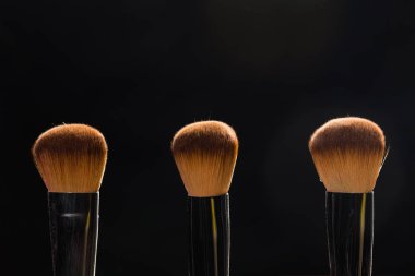 Mineral makyaj ve nesneleri kavramı - koyu arka plan üzerinde üç makyaj fırçaları