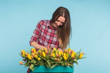 Büyük kutu mavi zemin üzerine sarı laleler ile genç kadın çiçekçi