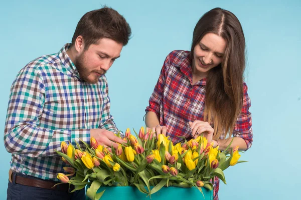 Happy floristas fixando tulipas em uma grande caixa de madeira no fundo azul — Fotografia de Stock