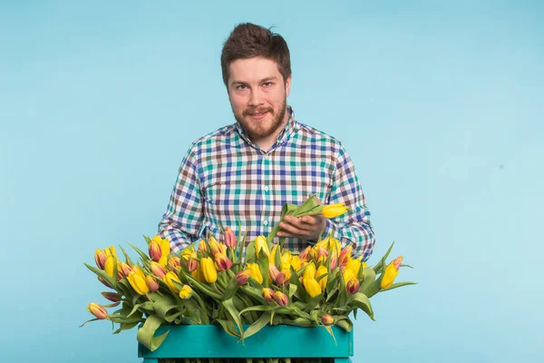 Alegre florista hombre guapo con caja de tulipanes sobre fondo azul — Foto de Stock