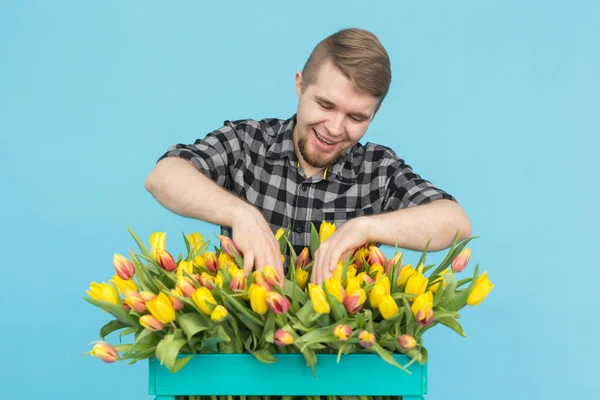 Bonito florista homem alegre com caixa de tulipas no fundo azul — Fotografia de Stock