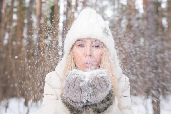 Ritratto natalizio. Inverno giovane donna soffia neve nella natura invernale — Foto Stock