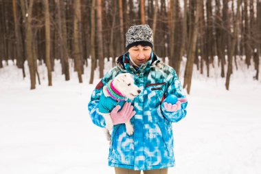 Jack Russell Terrier. Kış parkta oynayan köpek. Evde beslenen hayvan kavramı.