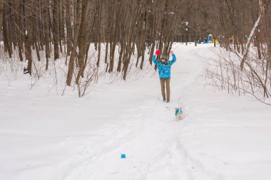 Evcil hayvan sahibi ve kış konsepti - orta yaşlı kadın ona jack ile oynarken russell terrier köpek karlı Park.