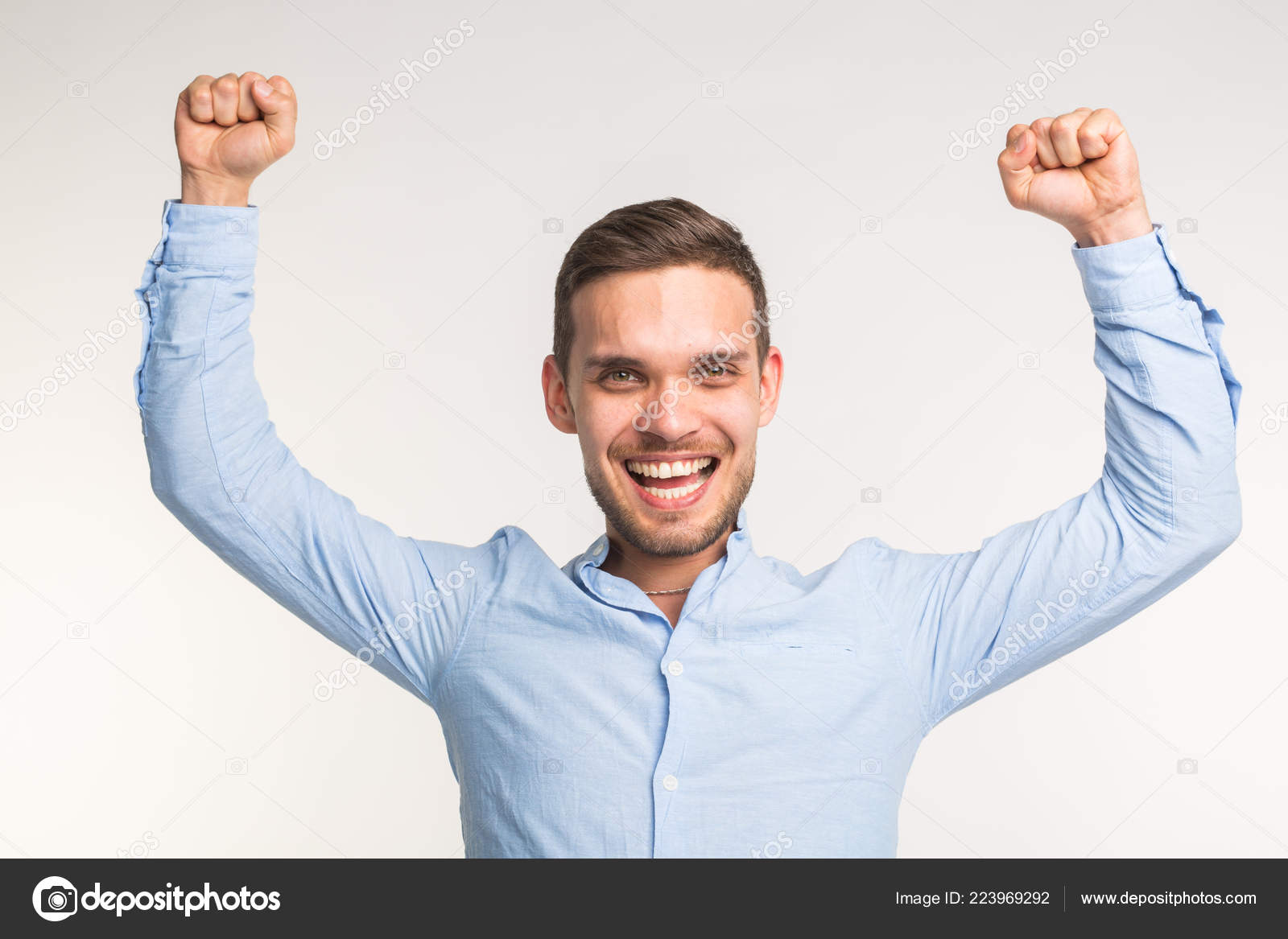 Happy Man With His Hands Up On White Background Stock Photo, Picture and  Royalty Free Image. Image 15812722.