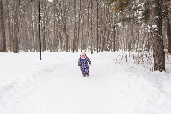 Los niños y el concepto de la naturaleza - Adorable niña caminando en el parque de invierno — Foto de Stock