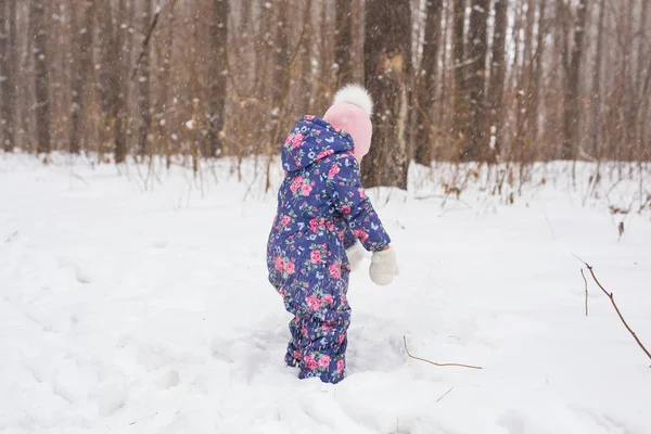 Los niños y el concepto de la naturaleza - Adorable niña caminando en el parque de invierno — Foto de Stock