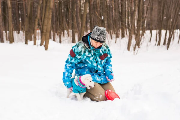 Propietario de mascotas y concepto de invierno - Mujer de mediana edad jugando con su perro jack russell terrier en el parque cubierto de nieve . — Foto de Stock