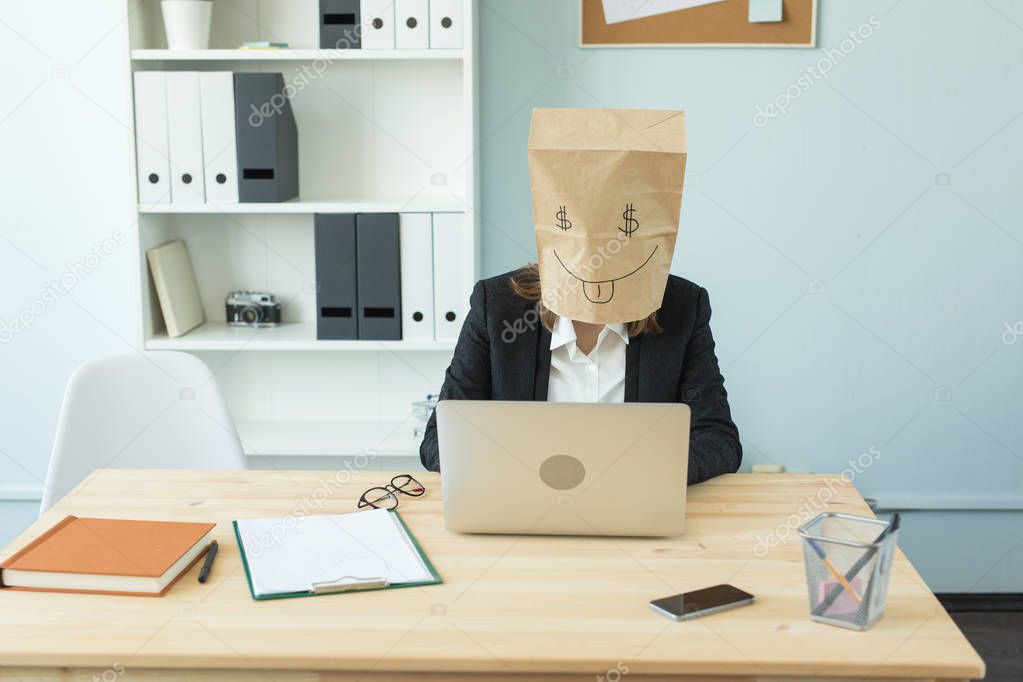 Business, emotions and money concept - office crazy woman put a package with painted funny face on her head. Dollar sign in her eyes.