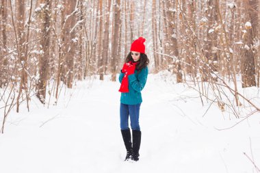 Güneşli gün karlı kış parkta yürüyen genç güzel kadın