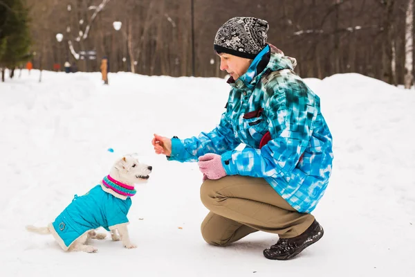 Mujer de mediana edad al aire libre con perro lindo - Jack Russell Terrier en temporada de invierno — Foto de Stock