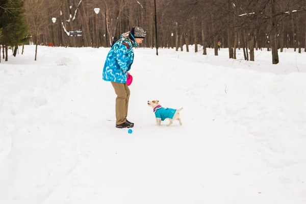 Mulher de meia idade ao ar livre com cão bonito - Jack Russell Terrier na temporada de inverno — Fotografia de Stock