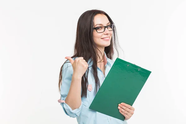 Business People Konzept Schöne Frau Macht Sich Notizen Vor Weißem — Stockfoto