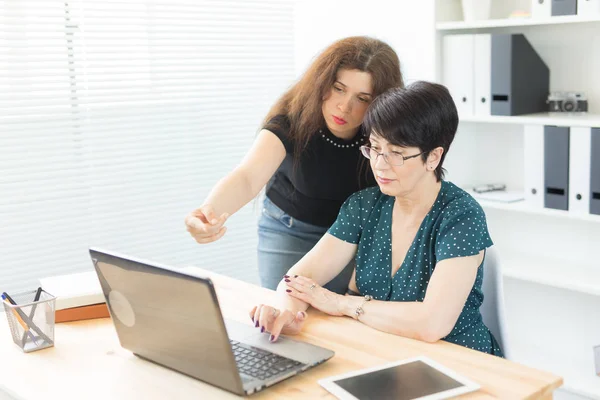 Technologie, Wirtschaft, Lehre und Personalkonzept - Frau erklärt etwas am Laptop einer anderen Frau — Stockfoto