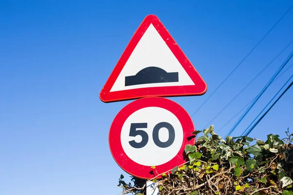 Speed limit traffic sign against green leaves — Stock Photo, Image