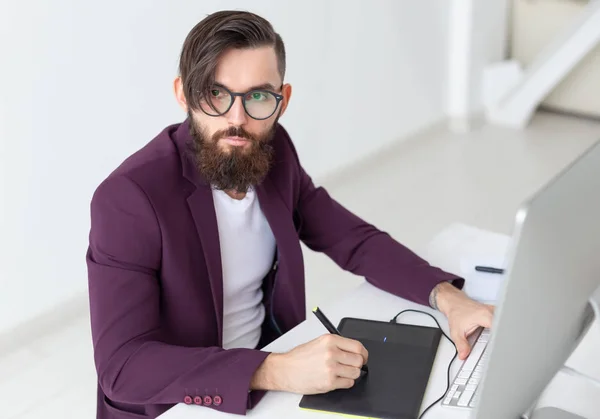 People, designer and technology concept - Man illustrator with thoughtful look, working environment — Stock Photo, Image