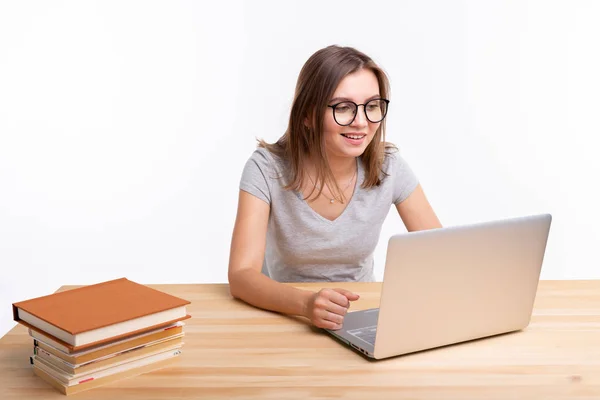 Study, education and people concept - young woman nerd is learning ...