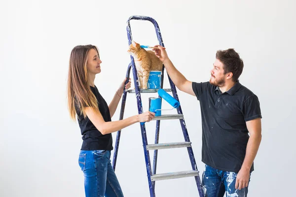 Concept de travail d'équipe et de réparation - jeune couple avec chat faisant une rénovation dans un nouvel appartement — Photo