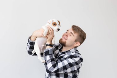 İnsanlar ve evde beslenen hayvan kavramı - portresi yakından jack russell terrier köpek yavrusu oturan adamın elleri
