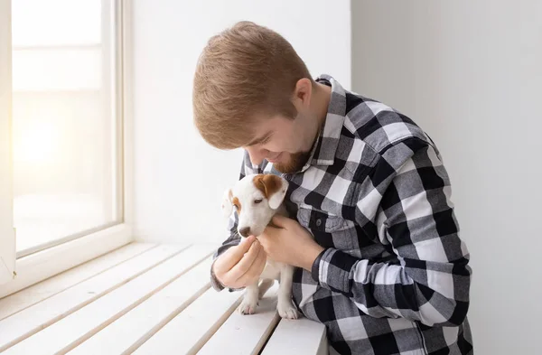 Människor och husdjur koncept - lycklig man hålla en hund Jack Russell Terrier över fönsterbakgrund — Stockfoto