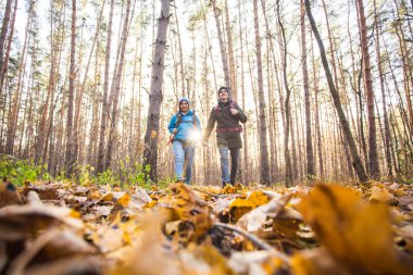 Kişi, kamp gezisi ve doğa kavramı - aşağılardan atış orman'da turist çift yürüyüş