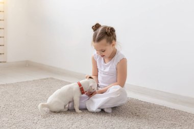 Çocuk ve hayvan kavramı - katta oturan onun sahibi ile köpek yavrusu