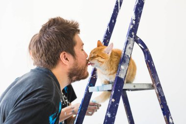Kişi, yenileme, evde beslenen hayvan ve onarım kavramı - kedi evinde tadilat yapıyor ile komik adam portresi