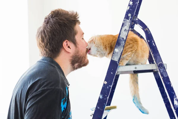 Repair, renovation, pet and love couple concept - young man with cat doing repair and painting walls