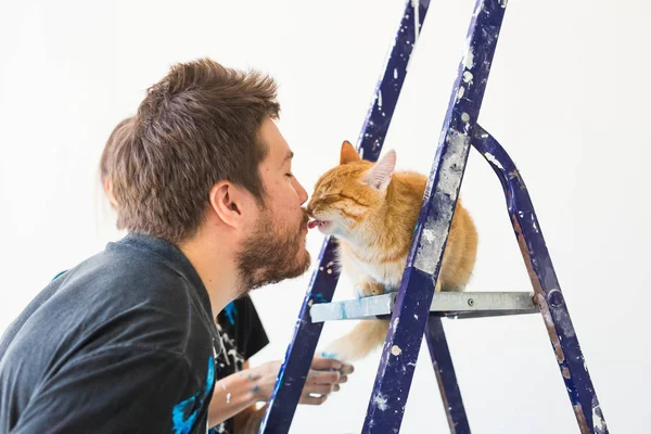 Personas, renovación, mascotas y concepto de reparación - Retrato de tipo divertido con gato haciendo redecoración en apartamento — Foto de Stock