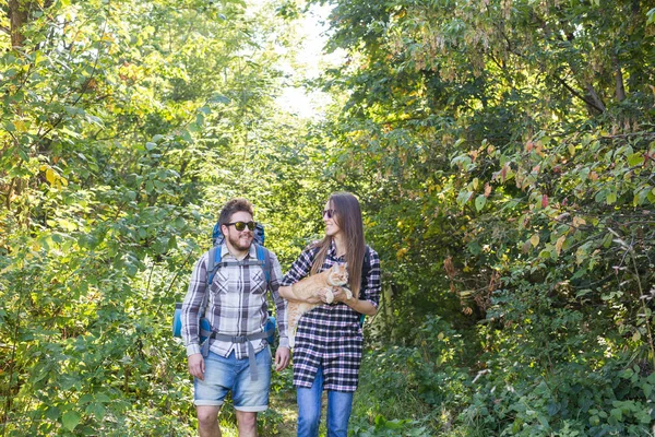 여행, 모험, 하이킹, 관광 및 자연 개념-숲에서 산책 하는 고양이 함께 관광 몇 — 스톡 사진