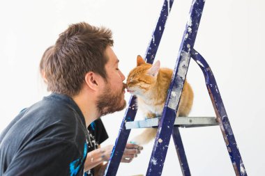 Onarım, tadilat, evde beslenen hayvan ve sevgi çift kavramı - onarım ve boya duvarlar kedi ile genç adam