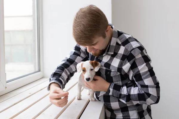 Concepto de personas, mascotas y animales - joven abrazando gato russell terrier cachorro — Foto de Stock
