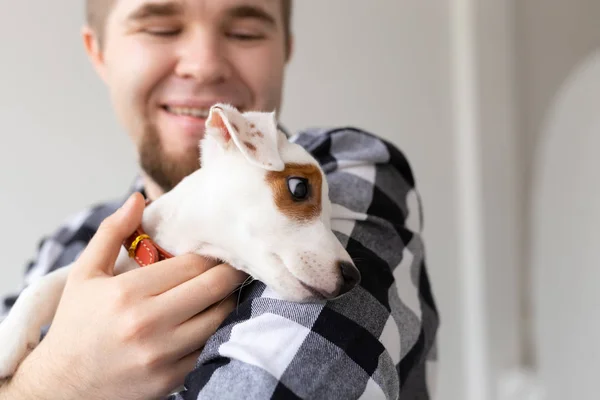 Люди, домашние животные и животные концепция - крупным планом молодой человек держит Джек Рассел терьер щенок — стоковое фото