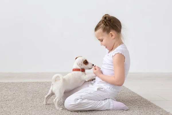 Gente, mascotas y concepto animal - Niña sentada en el suelo sobre fondo blanco y sosteniendo al cachorro Jack Russell Terrier — Foto de Stock
