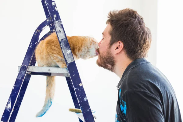 사람, 혁신, 애완 동물 및 수리 개념-redecoration 아파트에서 고양이 함께 재미 있는 남자의 초상화 — 스톡 사진