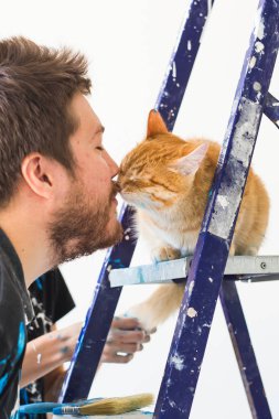 Onarım, tadilat, evde beslenen hayvan ve sevgi çift kavramı - onarım ve boya duvarlar kedi ile genç adam