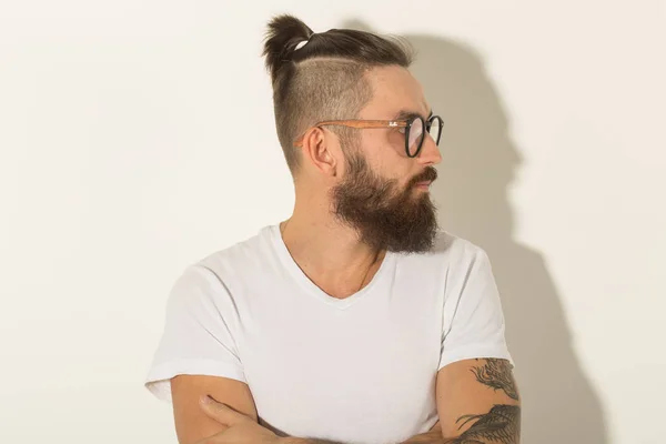 Beauty, fashion and people concept - Close up portrait of hipster man with beard over white background — Stock Photo, Image