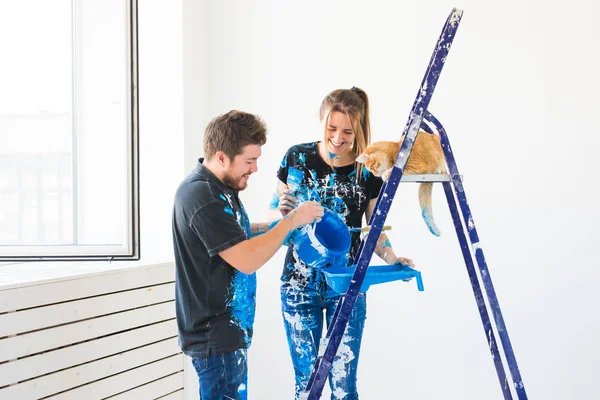 Teamwork en reparatie concept - jong koppel met kat doen een renovatie in nieuw appartement — Stockfoto