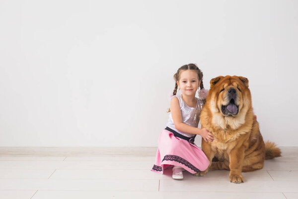 Pets, children and friendship concept - Little girl hugging her dog chow-chow over white background with copy space