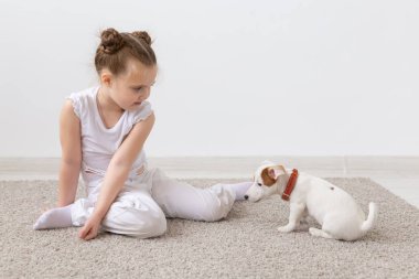 Çocuk, Evcil hayvan ve hayvan kavramı - kız çocuk oynamak Jack Russell Terrier köpek ile kapalı