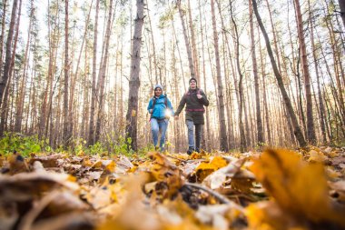 Macera, seyahat, turizm, yürüyüş ve insanlar kavramı - gülümseyen çift sırt çantaları ile sonbahar doğal arka plan üzerinde yürüme
