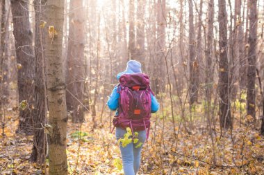 İnsanlar ve doğa kavramı-Gezgin kadın arkadan görünüm ormanda yürüyüş