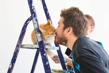 Kişi, yenileme, evde beslenen hayvan ve onarım kavramı - kedi evinde tadilat yapıyor ile komik adam portresi