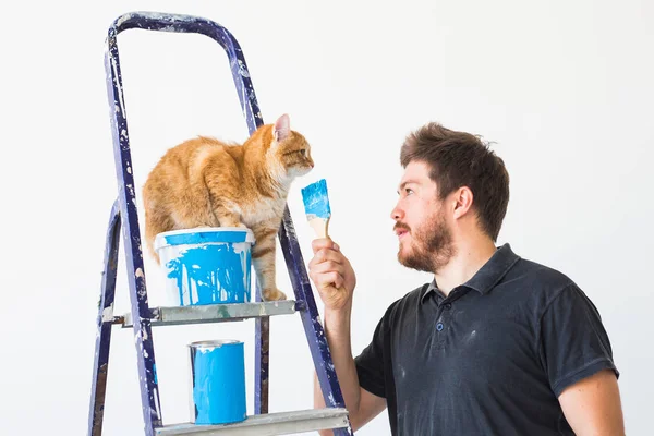 Renovation, redecoration and family concept - Young man stroking a cat during renovation in apartment — Stock Photo, Image