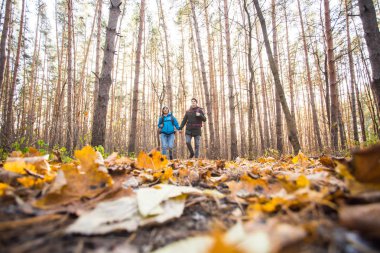 Macera, seyahat, turizm, yürüyüş ve insanlar kavramı - gülümseyen çift sırt çantaları ile sonbahar doğal arka plan üzerinde yürüme